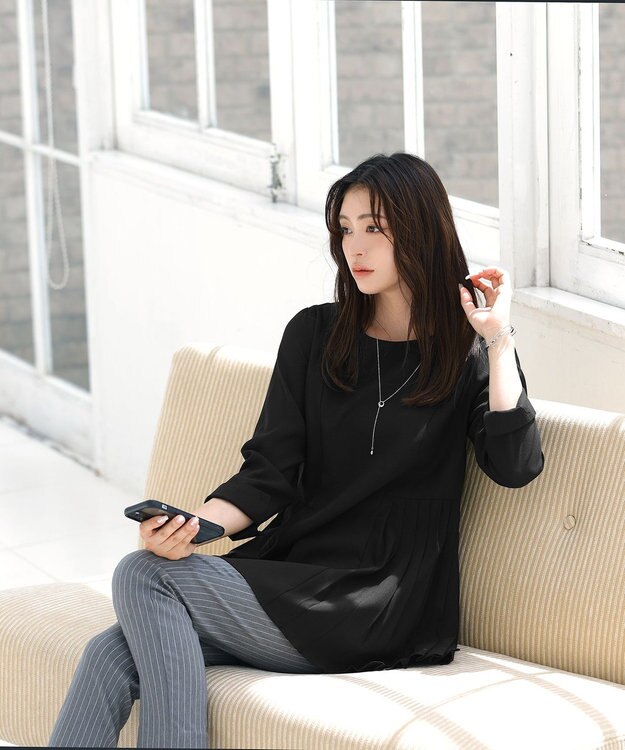 Tiaclasse L 【洗える】 サイドプリーツ長袖チュニックブラウス ブラック