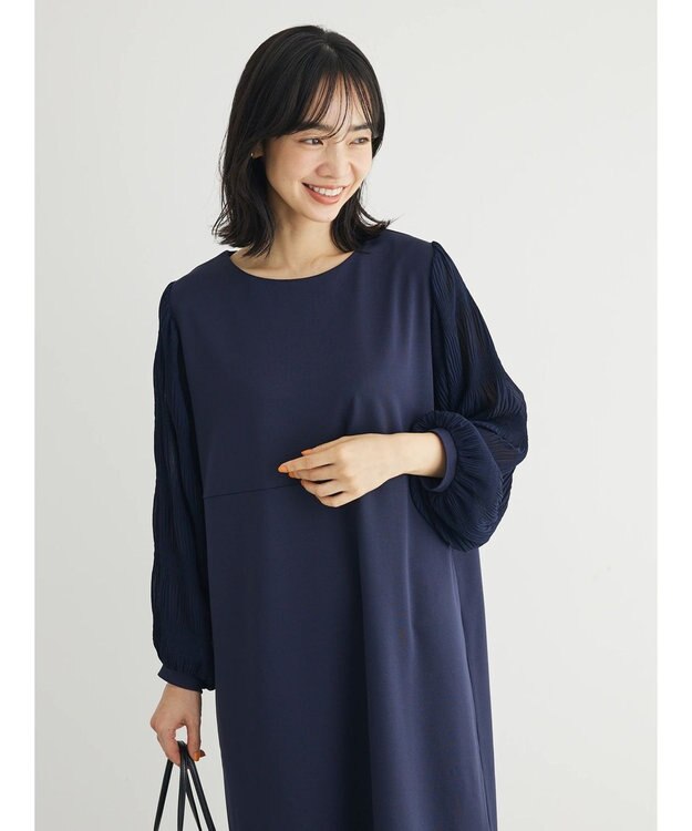 Green Parks マジョリカ袖ドッキングワンピース Dark Navy