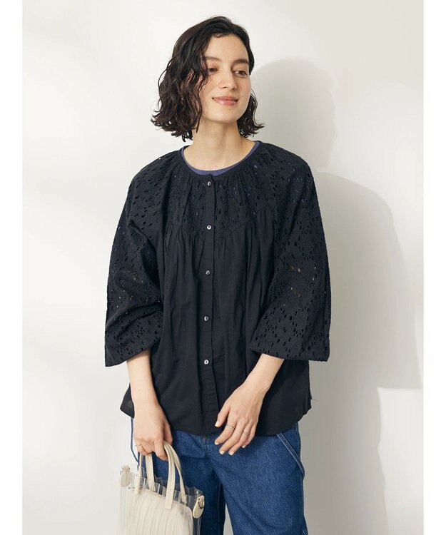 CRAFT STANDARD BOUTIQUE インド綿アイレット刺繍ブラウス Black