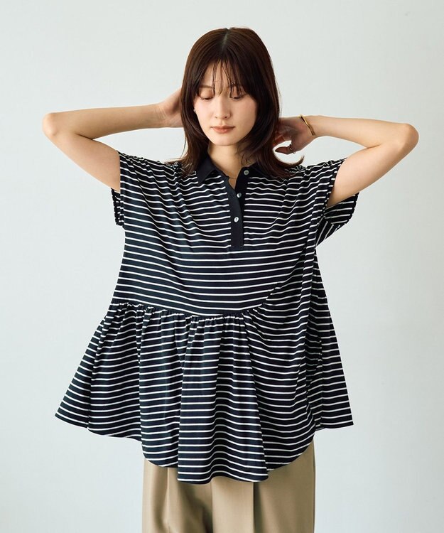 YECCA VECCA アシメボーダーポロシャツ Black