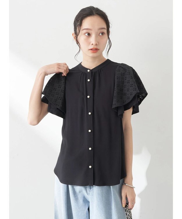 earth music&ecology レースラッフルブラウス Black