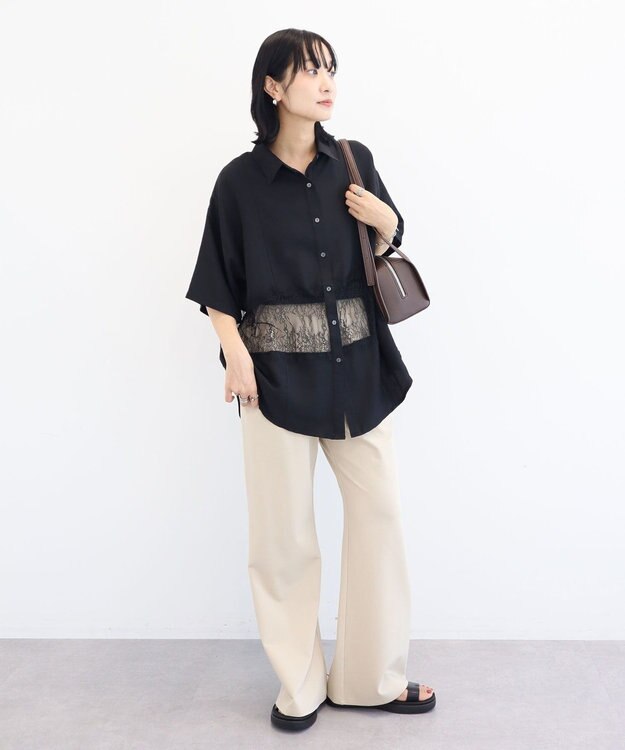 Green Parks レース切替５分袖シャツ Black