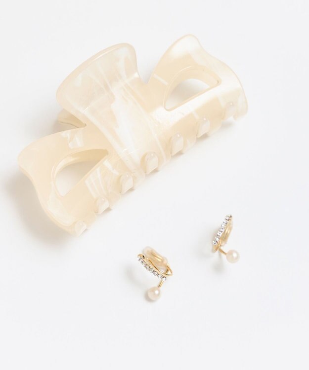 Phoebe <オンワード限定セット>【痛くないシリーズ】マーブルカラーバンスクリップ×ラインストーンパールフロートライトフィットイヤリング ホワイト