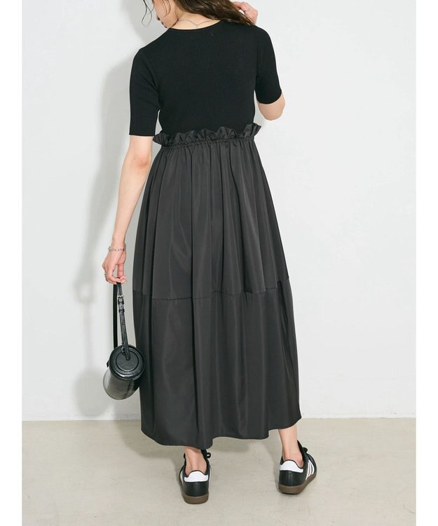 Green Parks ランタン型ニットドッキングタフタワンピース Black