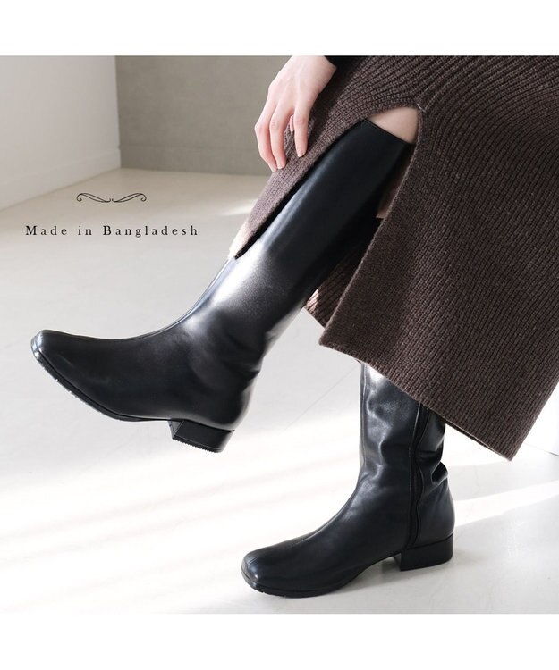 Pointer 本革ローヒール スクエアトゥロングブーツ ブラック