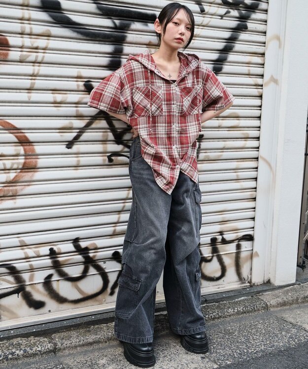 WEGO フードチェックBIGシャツ（S） レッド