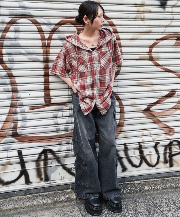 WEGO フードチェックBIGシャツ（S） レッド