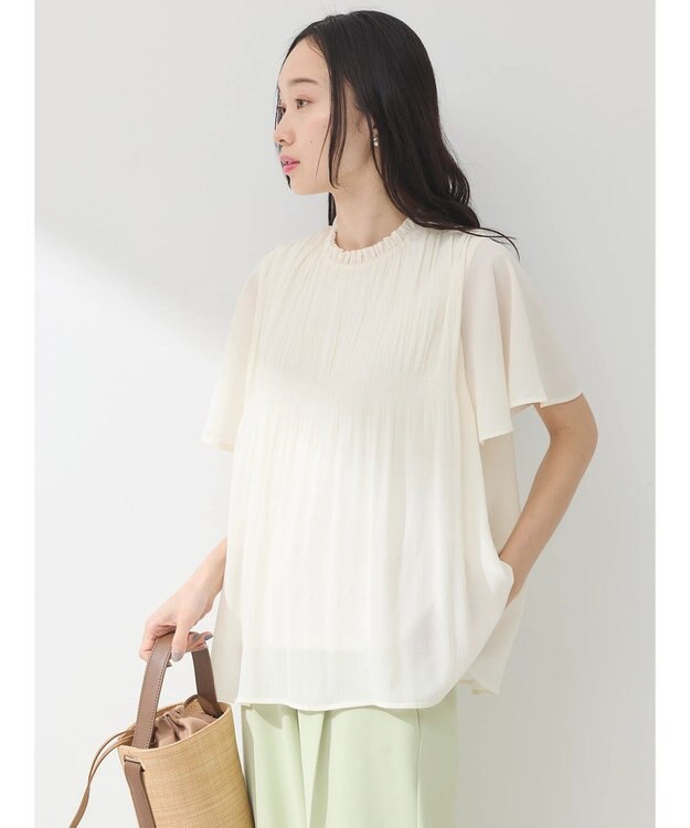 earth music&ecology マジョリカプリーツ半袖ブラウス Ivory