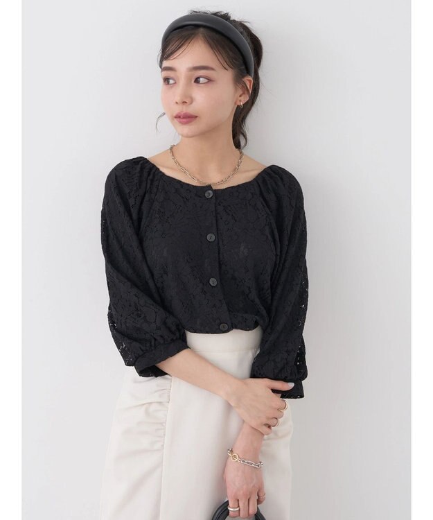 earth music&ecology フラワーレースブラウス Black