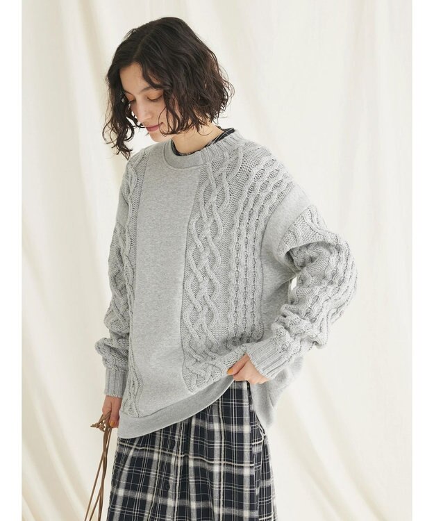 CRAFT STANDARD BOUTIQUE ケーブルニット切り替え裏起毛スウェット Gray Mixture