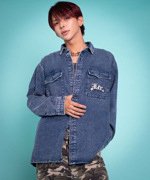 WEGO 【ユニセックス着用ITEM/MLサイズ展開】グラフィックデニムシャツ（LS） デニム中濃加工色