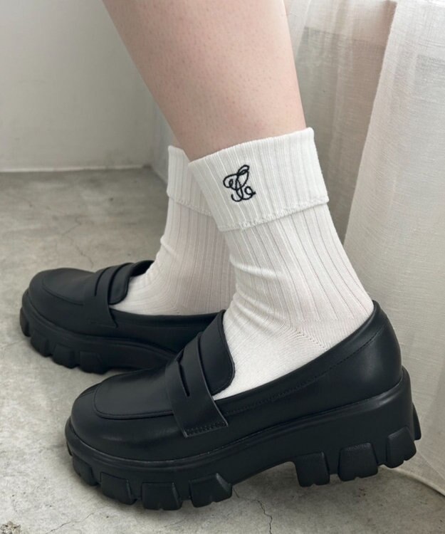 WEGO ロゴ刺繍折り返しクルーソックス ホワイト