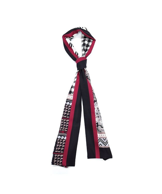 Marca ＜秋の新作！＞【Marcaオリジナル】コラージュプリント ナロースカーフ シルクツイル ブラック×レッド