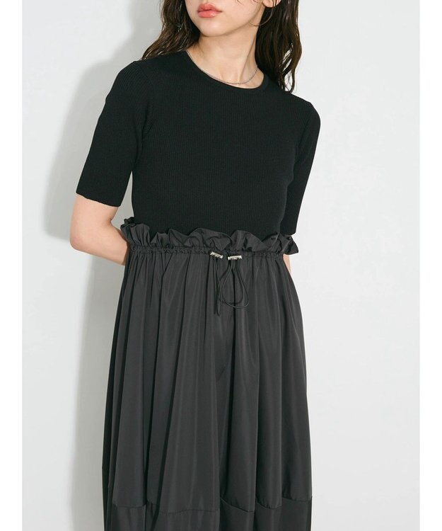 Green Parks ランタン型ニットドッキングタフタワンピース Black