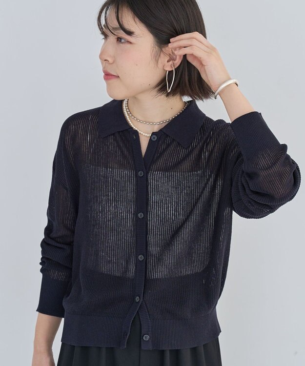 Green Parks 衿つきメッシュニットプルオーバー Dark Navy