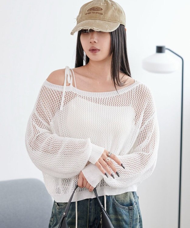 WEGO 2WAYオフショルメッシュニット ホワイト