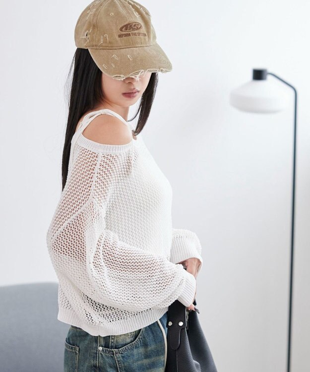 WEGO 2WAYオフショルメッシュニット ホワイト