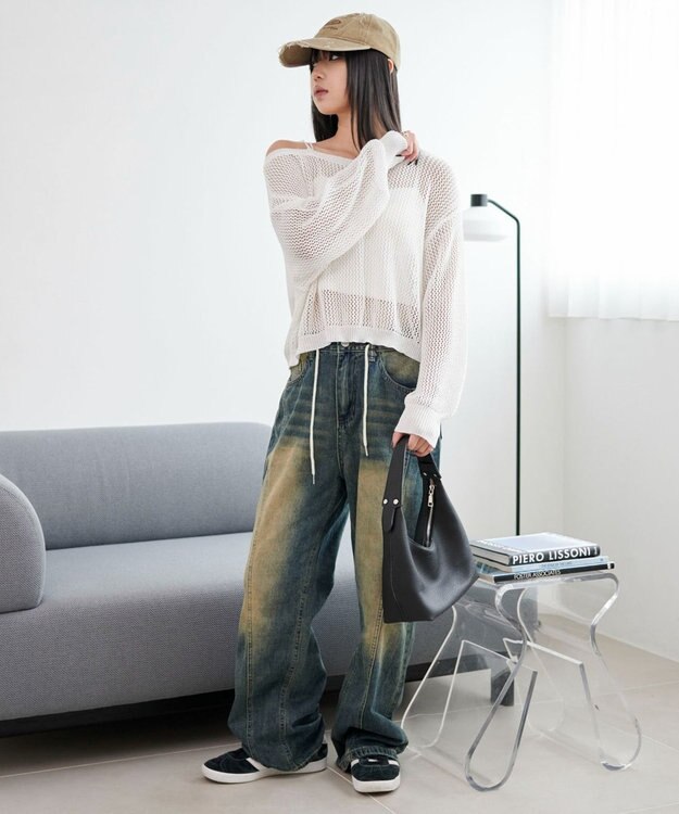 WEGO 2WAYオフショルメッシュニット ホワイト