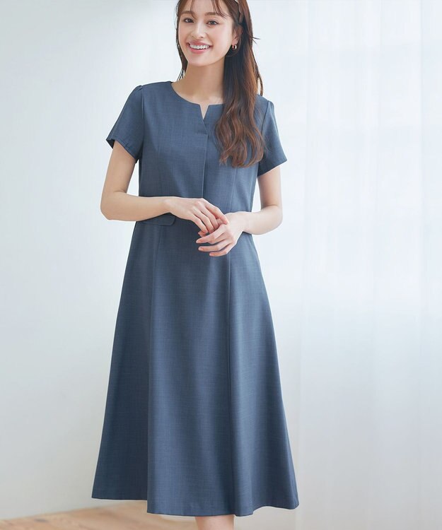 Tiaclasse 【小倉優子さん着用・洗える】フラップ付きミディアム丈フレアワンピース ブルー