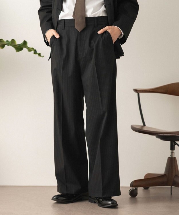 WEGO 【セットアップ対応】ワイドストレートスラックス ブラックストライプ