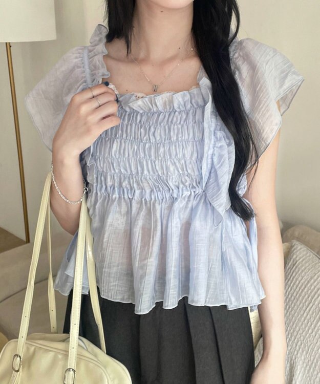 WEGO シャーリングシアーブラウス サックス