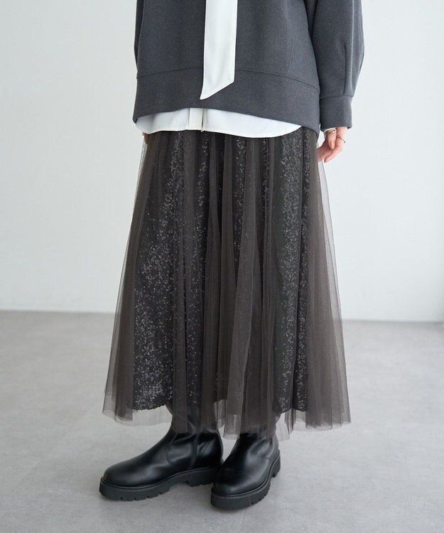 YECCA VECCA スパンコール×チュールスカート Charcoal Gray