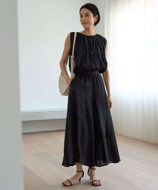 UNFILO ヴィンテージシアー ギャザーワイドパンツ ブラック