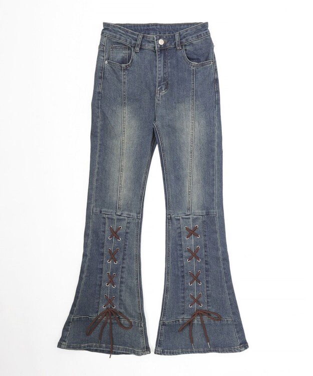 WEGO レースアップストレッチフレアデニム デニム中濃色