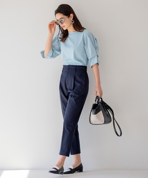 組曲 L 【洗える】プレーティングコンビブロー カットソーブラウス スカイブルー系