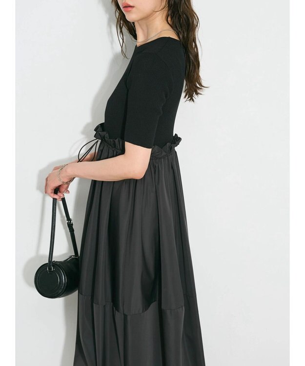 Green Parks ランタン型ニットドッキングタフタワンピース Black