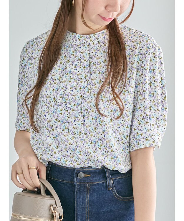 Te chichi パターンアソート5分袖ボウタイブラウス ブルー