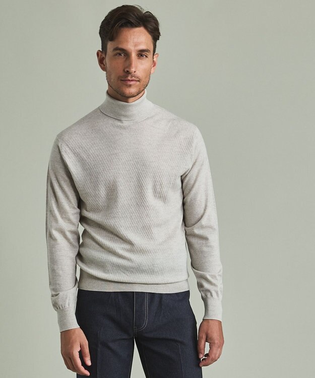 GOTAIRIKU 【家庭洗濯可能】イタリア糸 ハイゲージ タートルニット_リンクス柄 アイボリー系1