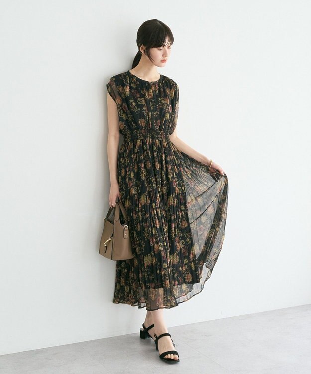 YECCA VECCA シアー花柄プリーツワンピース Black
