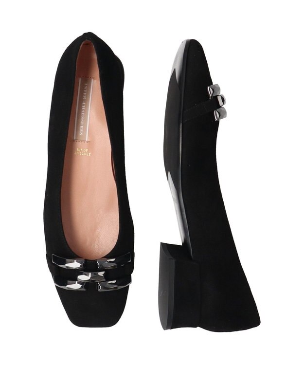 INTER-CHAUSSURES 【INTER-CHAUSSURES】スクエアトウローヒールバックルパンプス ブラックスウェード