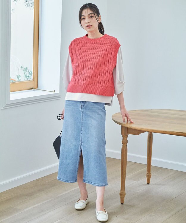 ANY L パターンメッシュニットベスト コーラル