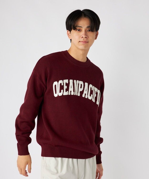 OP／FILA 【ocean pacific】サガラ刺しゅうロゴクルーニット/メンズ ワインレッド
