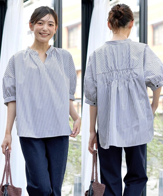 Tiaclasse 【洗える】バックギャザーシャツ ブルーストライプ