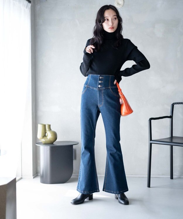 WEGO ハイウエストストレッチデニムフレアパンツ デニム濃色