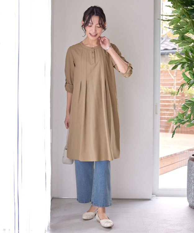 Tiaclasse 【洗える】ランダムタックチュニックワンピ―ス モカベージュ