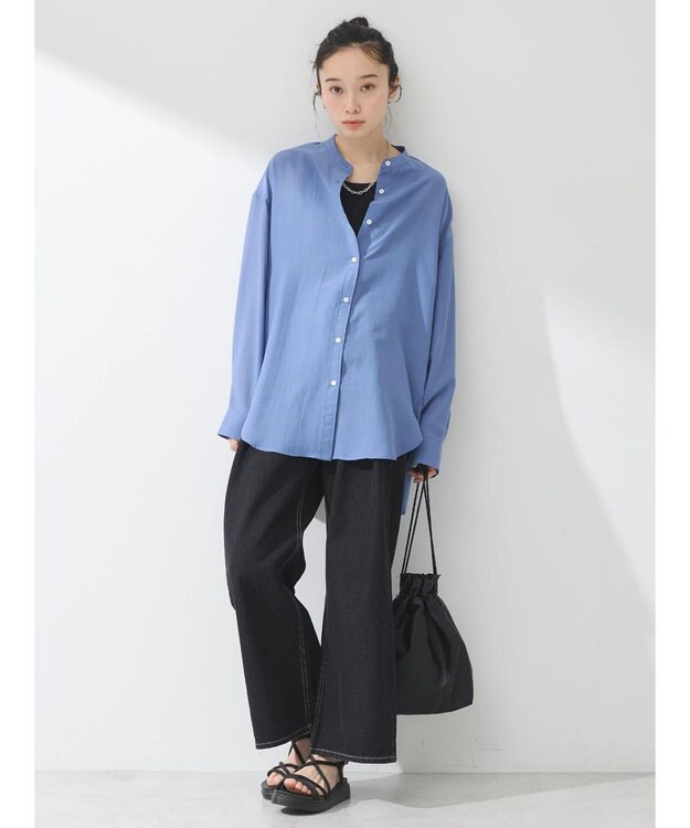 earth music&ecology シアーバンドカラーシャツ Blue