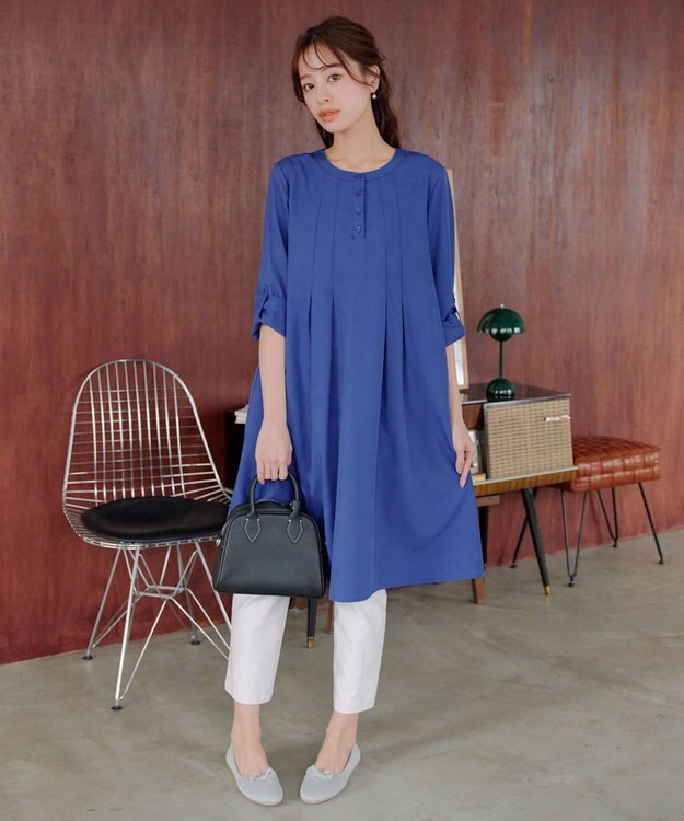 Tiaclasse 【洗える】ランダムタックチュニックワンピ―ス ブルー