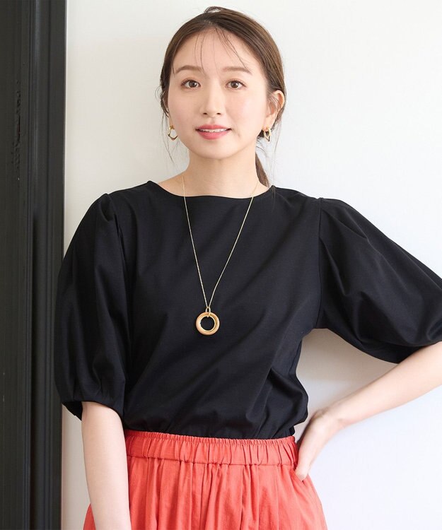 ANY 【WEB限定・接触冷感】シルケットスムース ギャザーパフスリーブトップス ブラック