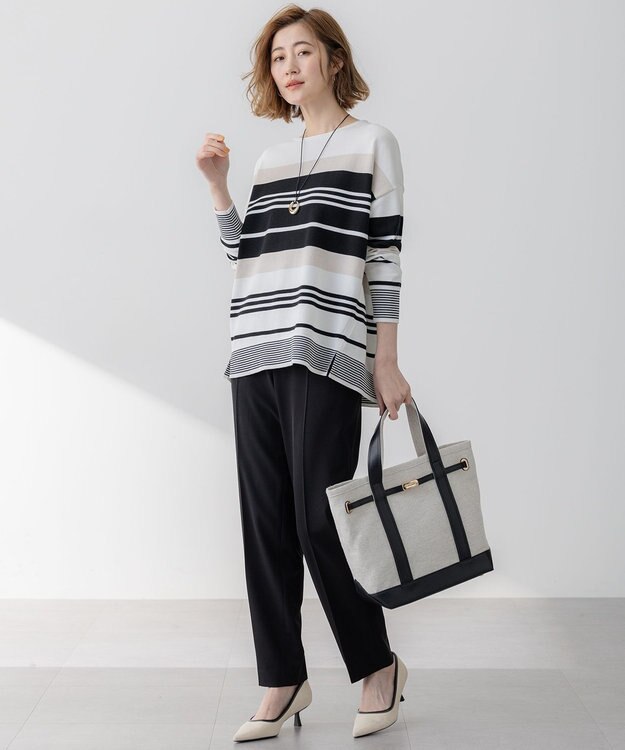 23区 【洗える】コットンポリエステルストレッチ オーバーサイズ ニット オフ×ブラック