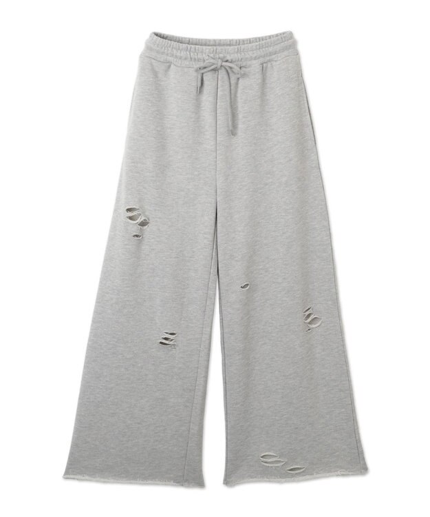 WEGO 【ウエストゴム】ダメージスウェットワイドパンツ 杢グレー