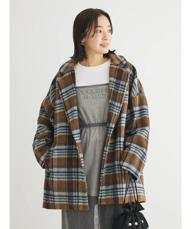 Green Parks ・ＥＬＥＮＣＡＲＥ　ＤＵＥ　シャギーチェックミドルコート Brown