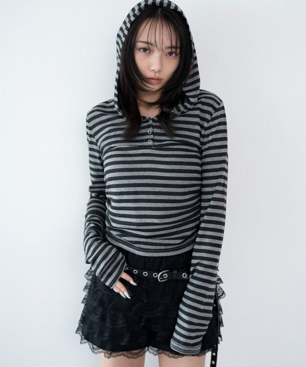 WEGO ヘンリーネックフードロンT グレーボーダー