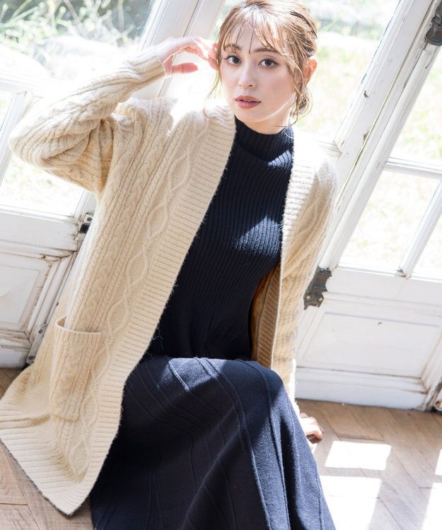 Tiaclasse L 【洗える】大人華やかなアラン柄ニットカーディガン ベージュ