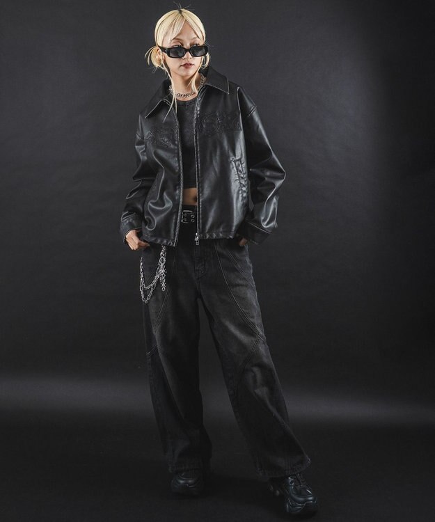 WEGO 【ユニセックス着用ITEM】MA55IVE　PUショートグラフィックブルゾン ブラック