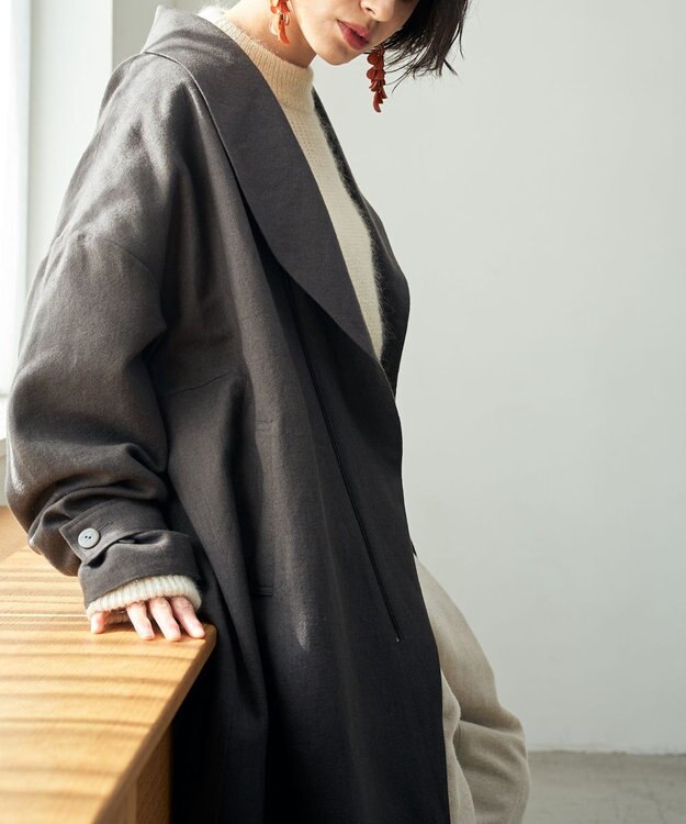 muuc 〈軽やかな尾州産リネンウール〉ショールカラーコート　ロングシーズン 秋冬春 ゆったりシルエット セットアップ可能 ブラウン