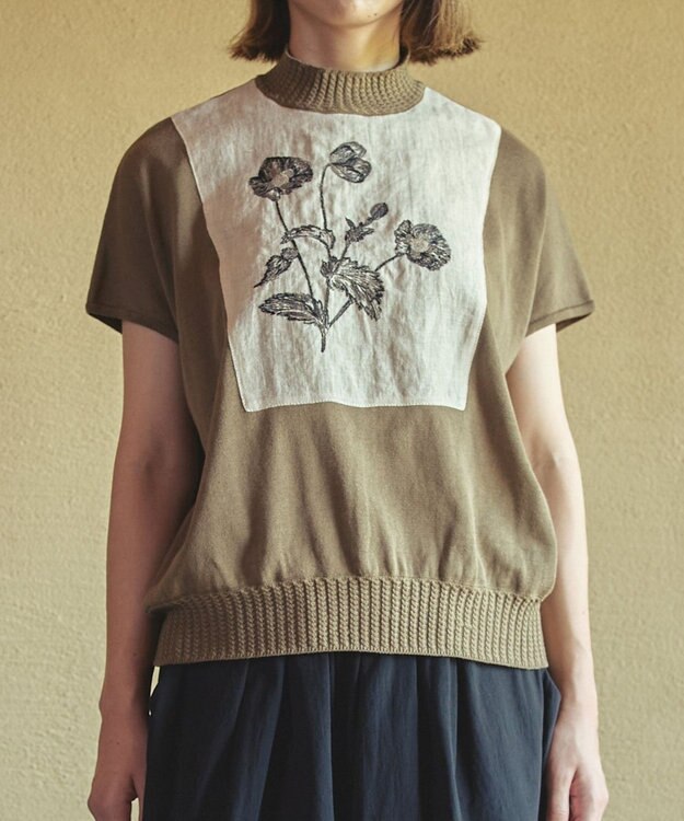 muuc ポピー刺繍フレンチスリーブプルオーバー〈日本製・高級綿100%の光沢と柔らかさ〉〈繊細な花刺繍〉〈大人の夏ニット〉〈ゆったりフリーサイズ〉 ベージュ